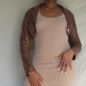 Women's brown faux leather gator print cropped jacket